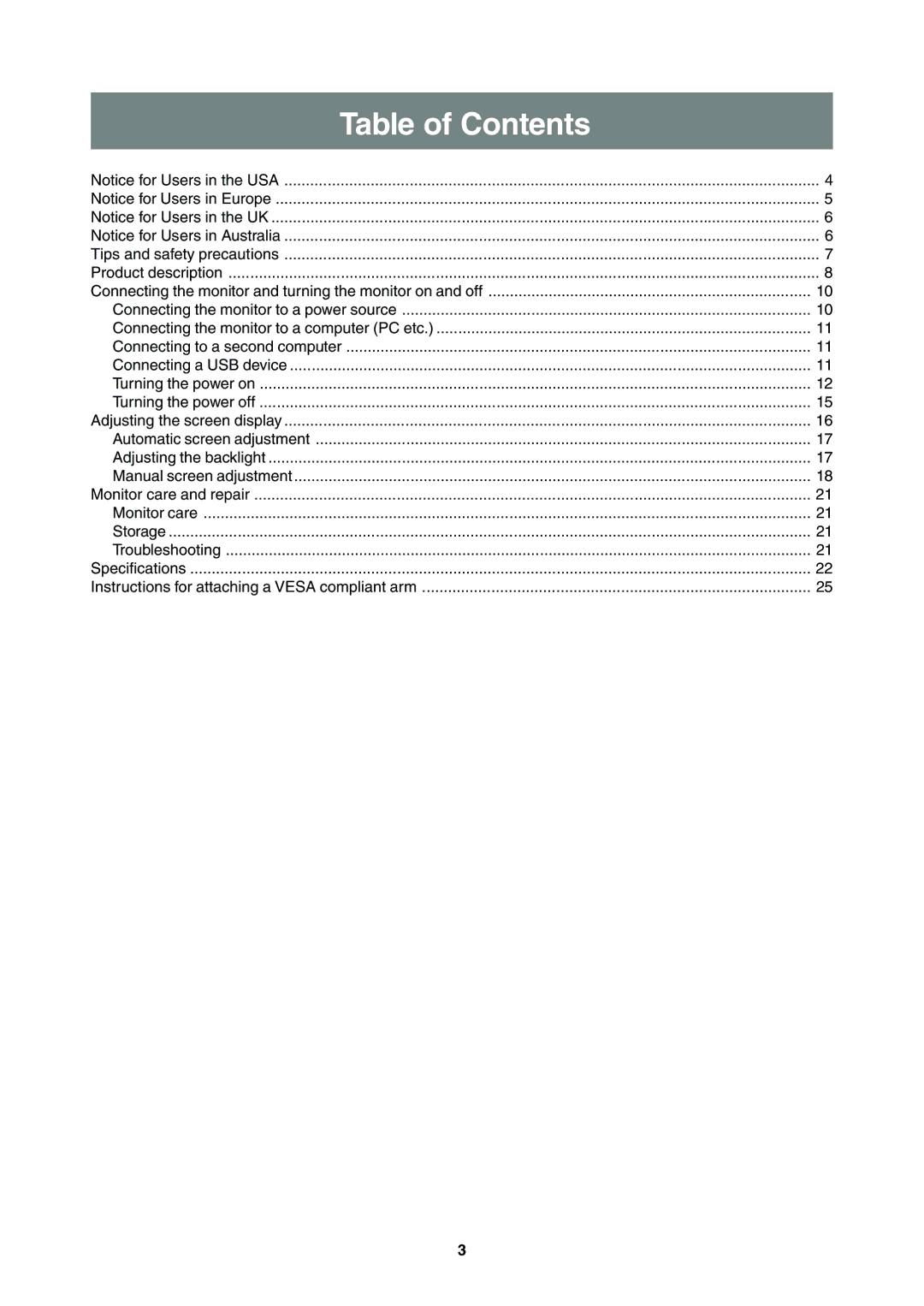 Sharp LL-T2000A operation manual Table of Contents 