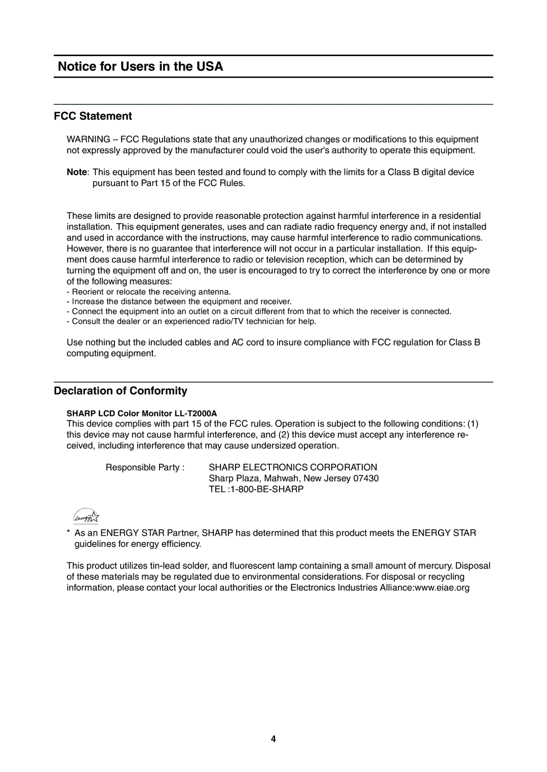 Sharp LL-T2000A operation manual FCC Statement, Declaration of Conformity 