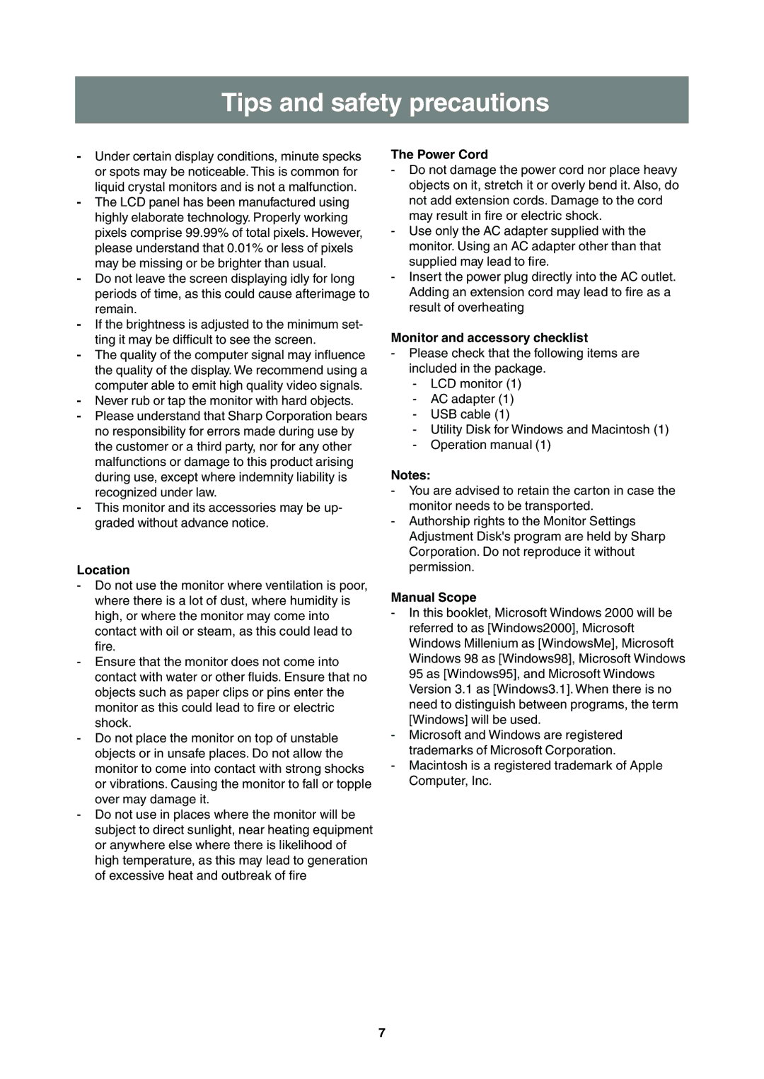 Sharp LL-T2000A Tips and safety precautions, Location, Power Cord, Monitor and accessory checklist, Manual Scope 