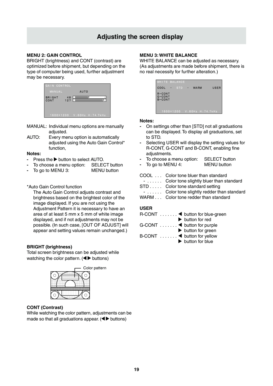 Sharp LL-T2000A operation manual MENU 2 GAIN CONTROL, BRIGHT brightness, MENU 3 WHITE BALANCE, User, CONT Contrast 