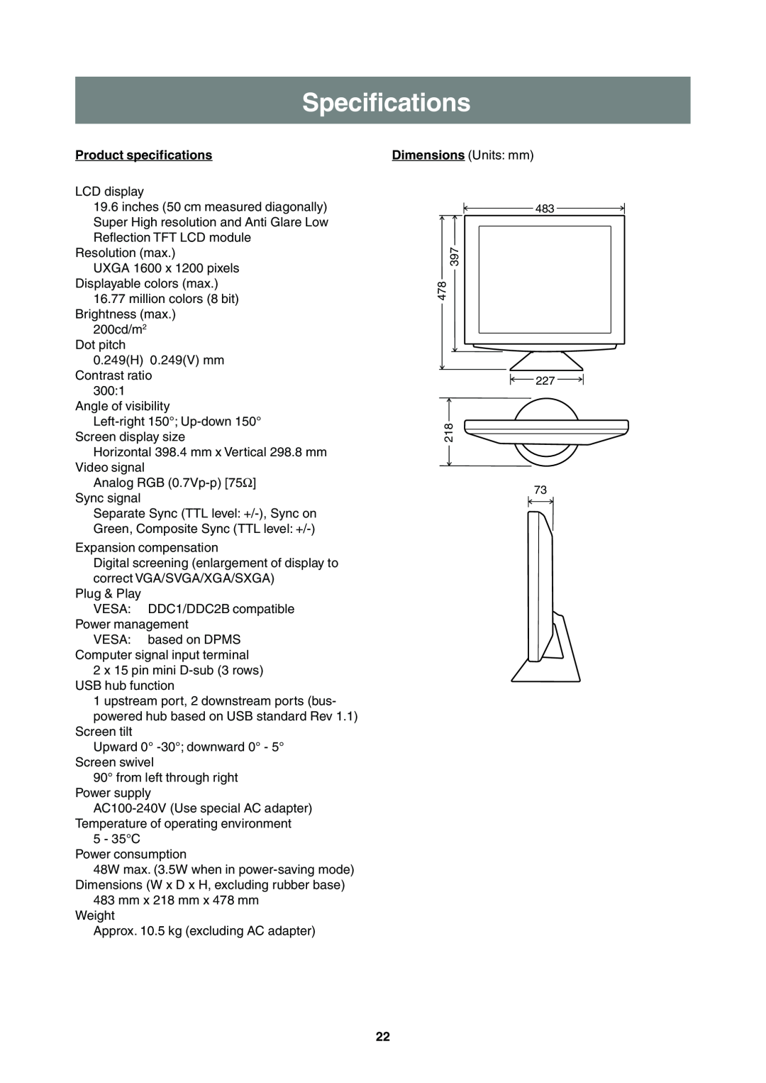 Sharp LL-T2000A operation manual Specifications, Product specifications 