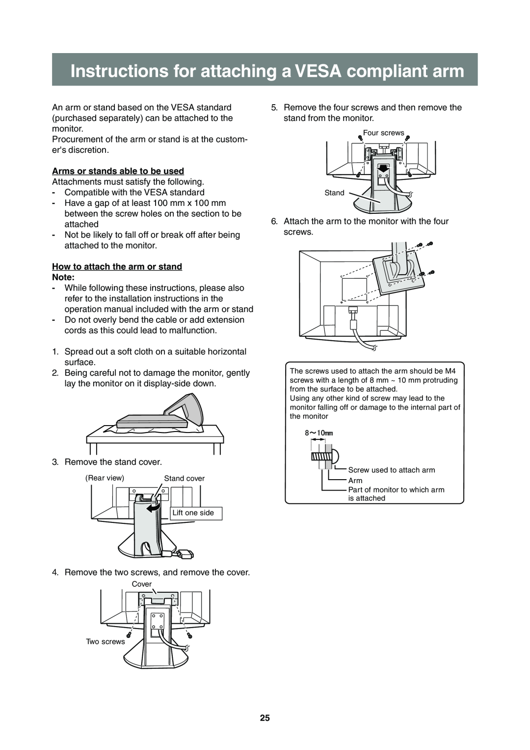 Sharp LL-T2000A operation manual Instructions for attaching a VESA compliant arm, How to attach the arm or stand 