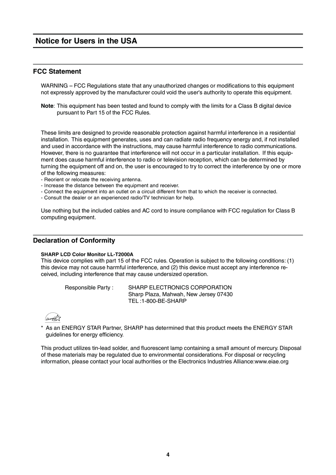 Sharp LL-T2000A operation manual Notice for Users in the USA, FCC Statement, Declaration of Conformity 