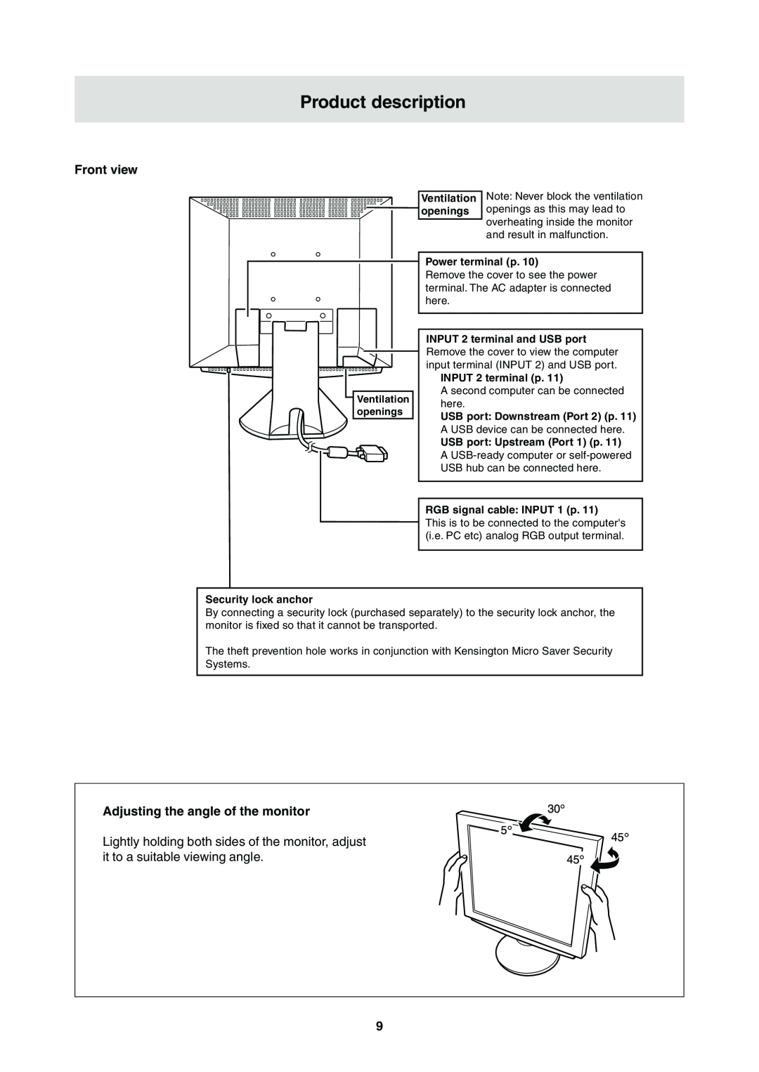 Sharp LL-T2000A operation manual Product description, Adjusting the angle of the monitor, Front view 