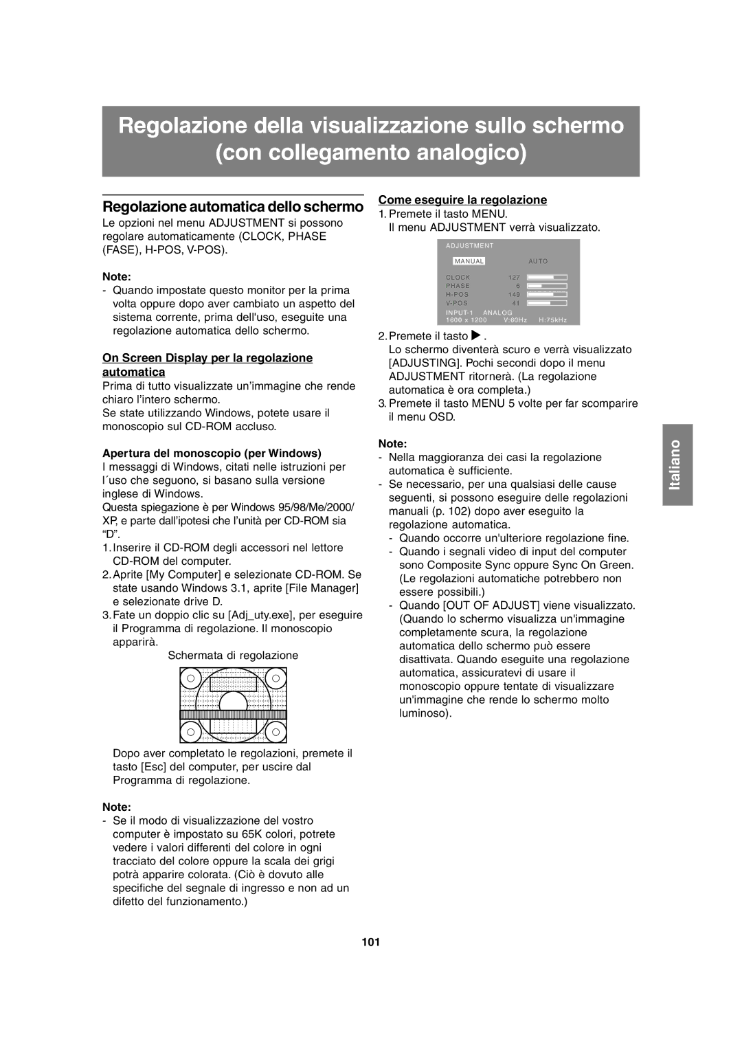 Sharp LL-T2020 operation manual On Screen Display per la regolazione automatica, Come eseguire la regolazione, 101 