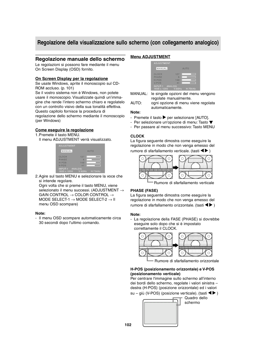 Sharp LL-T2020 operation manual Regolazione manuale dello schermo, On Screen Display per la regolazione, Phase Fase, 102 