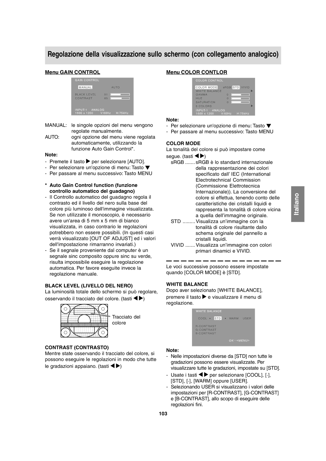 Sharp LL-T2020 operation manual Black Level Livello DEL Nero, Contrast Contrasto, 103 