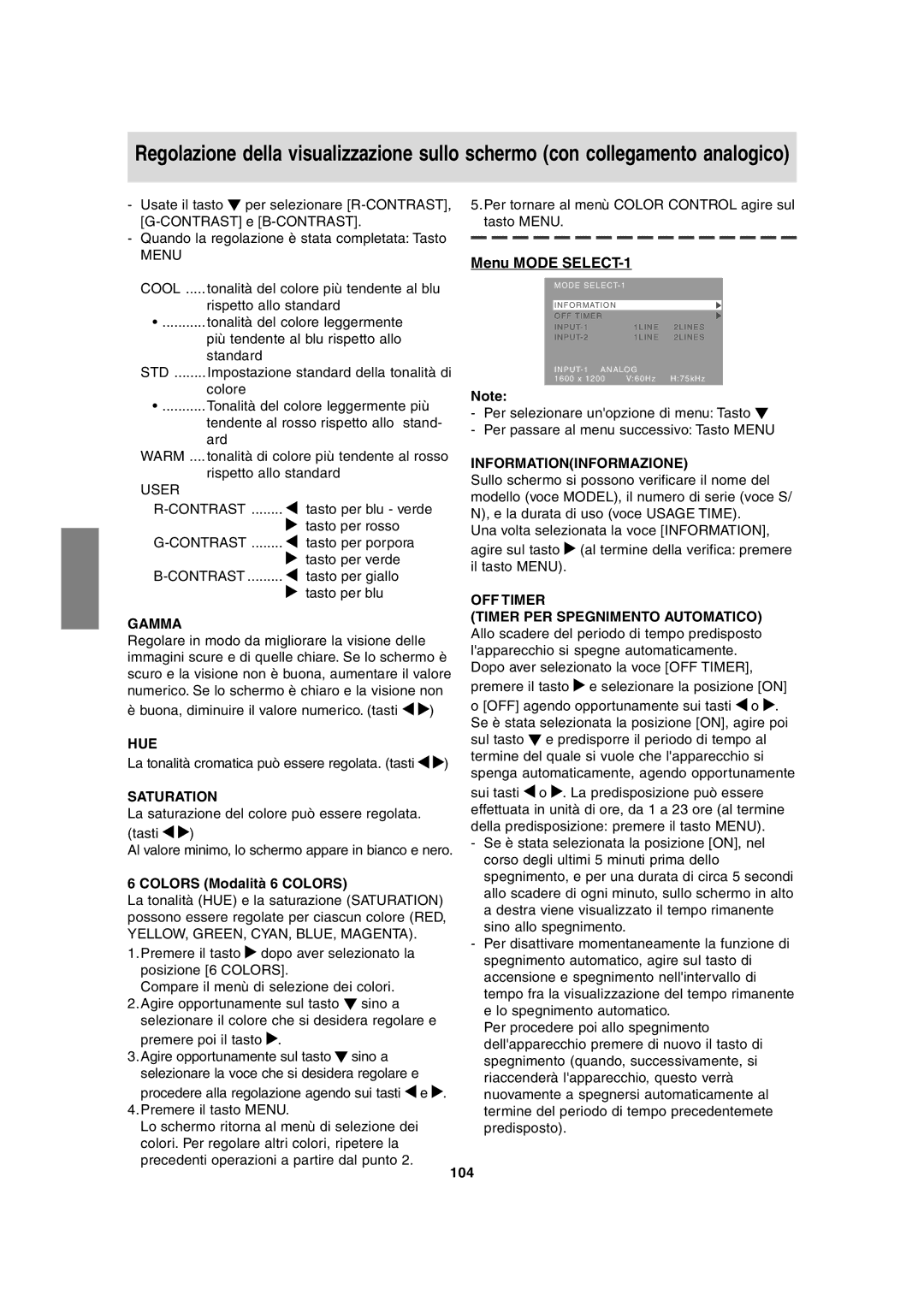 Sharp LL-T2020 operation manual Colors Modalità 6 Colors, Informationinformazione, 104 