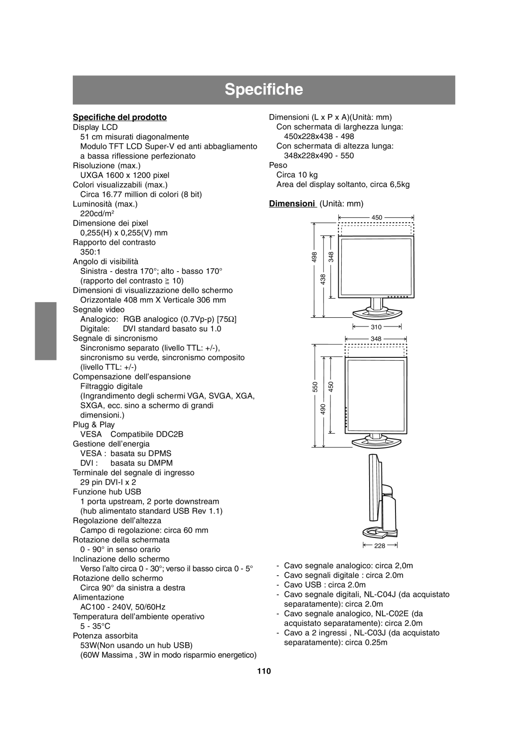 Sharp LL-T2020 operation manual Specifiche del prodotto, 110 