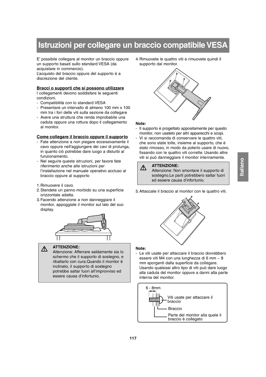 Sharp LL-T2020 Istruzioni per collegare un braccio compatibile Vesa, Bracci o supporti che si possono utilizzare, 117 