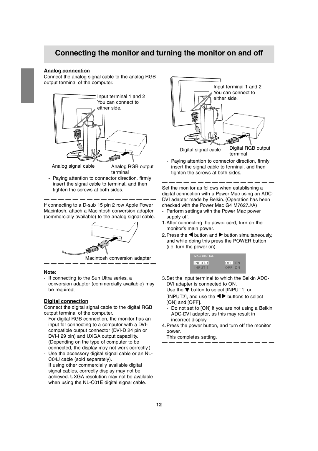 Sharp LL-T2020 Connecting the monitor and turning the monitor on and off, Analog connection, Digital connection 