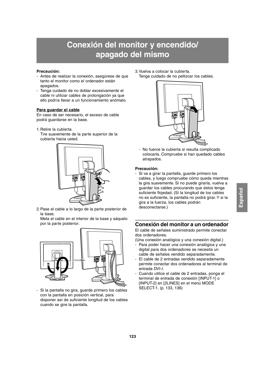 Sharp LL-T2020 Conexión del monitor y encendido Apagado del mismo, Conexión del monitor a un ordenador, 123 