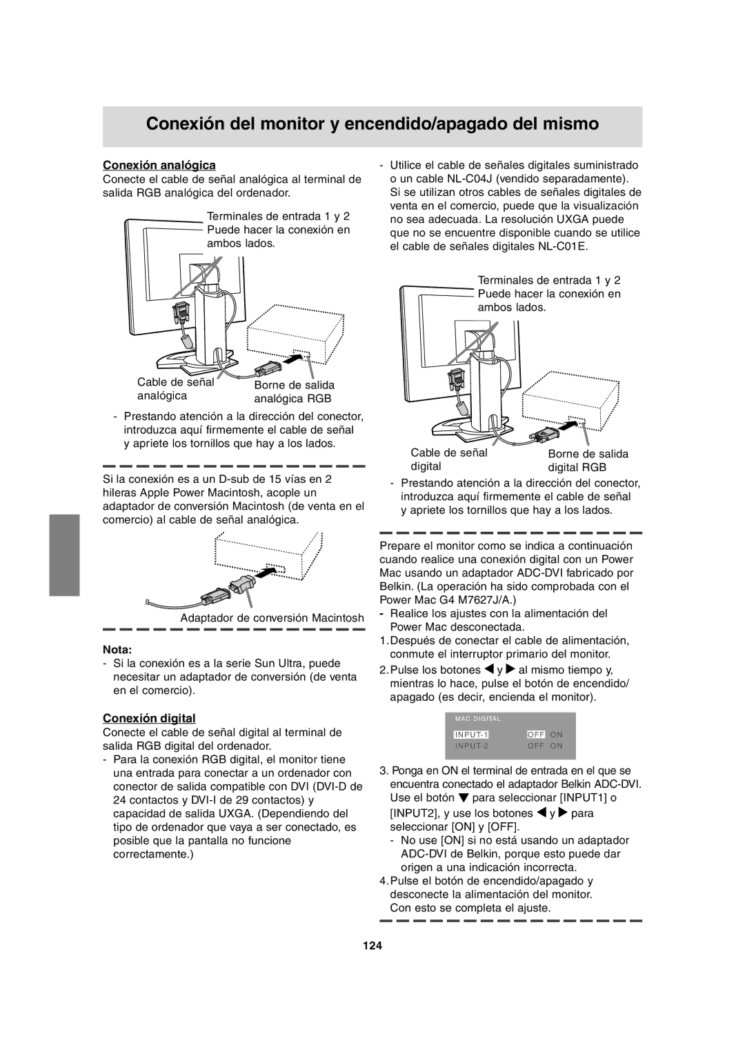 Sharp LL-T2020 Conexión del monitor y encendido/apagado del mismo, Conexión analógica, Conexión digital, 124 