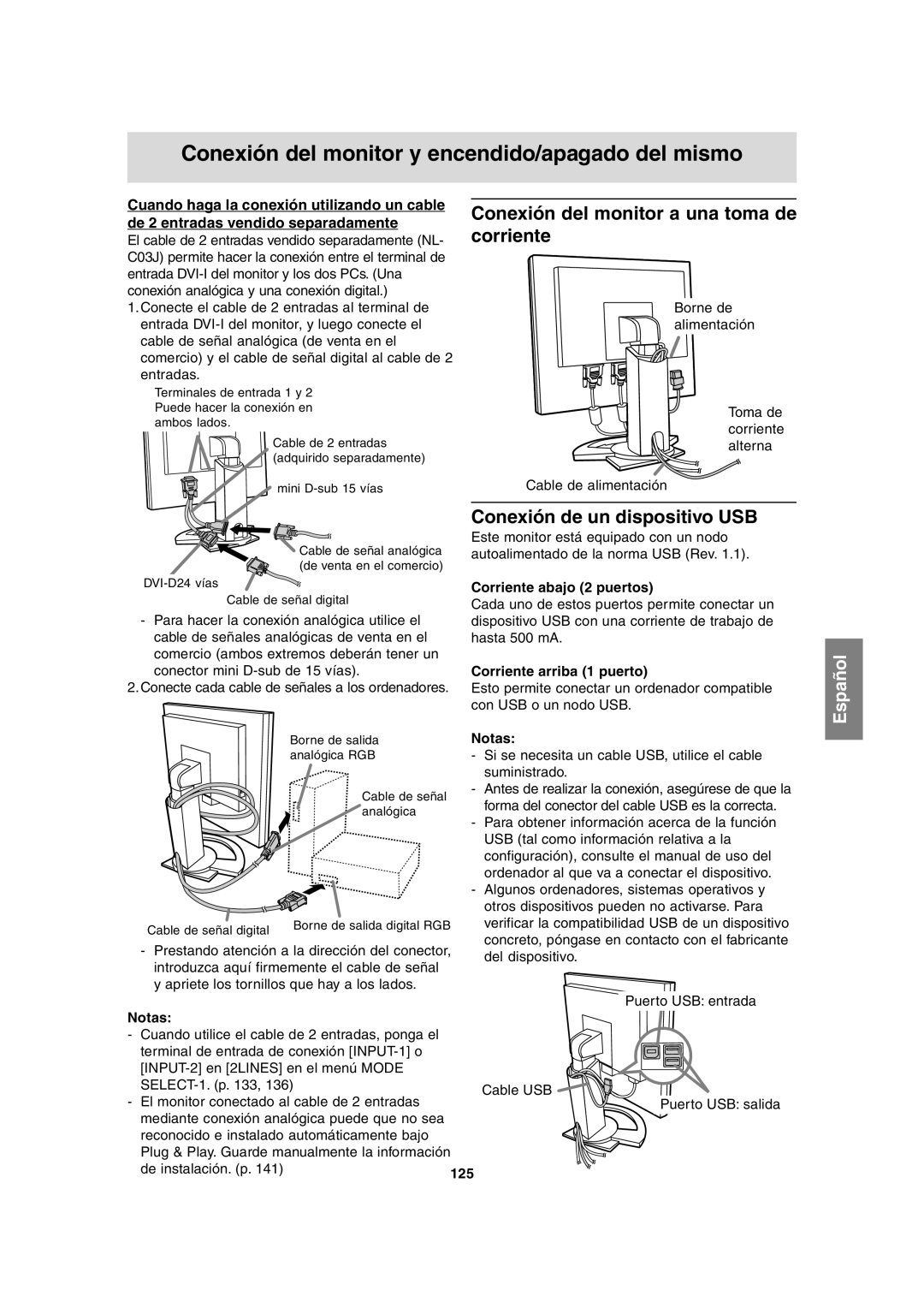 Sharp LL-T2020 operation manual Conexión del monitor a una toma de corriente, Conexión de un dispositivo USB 