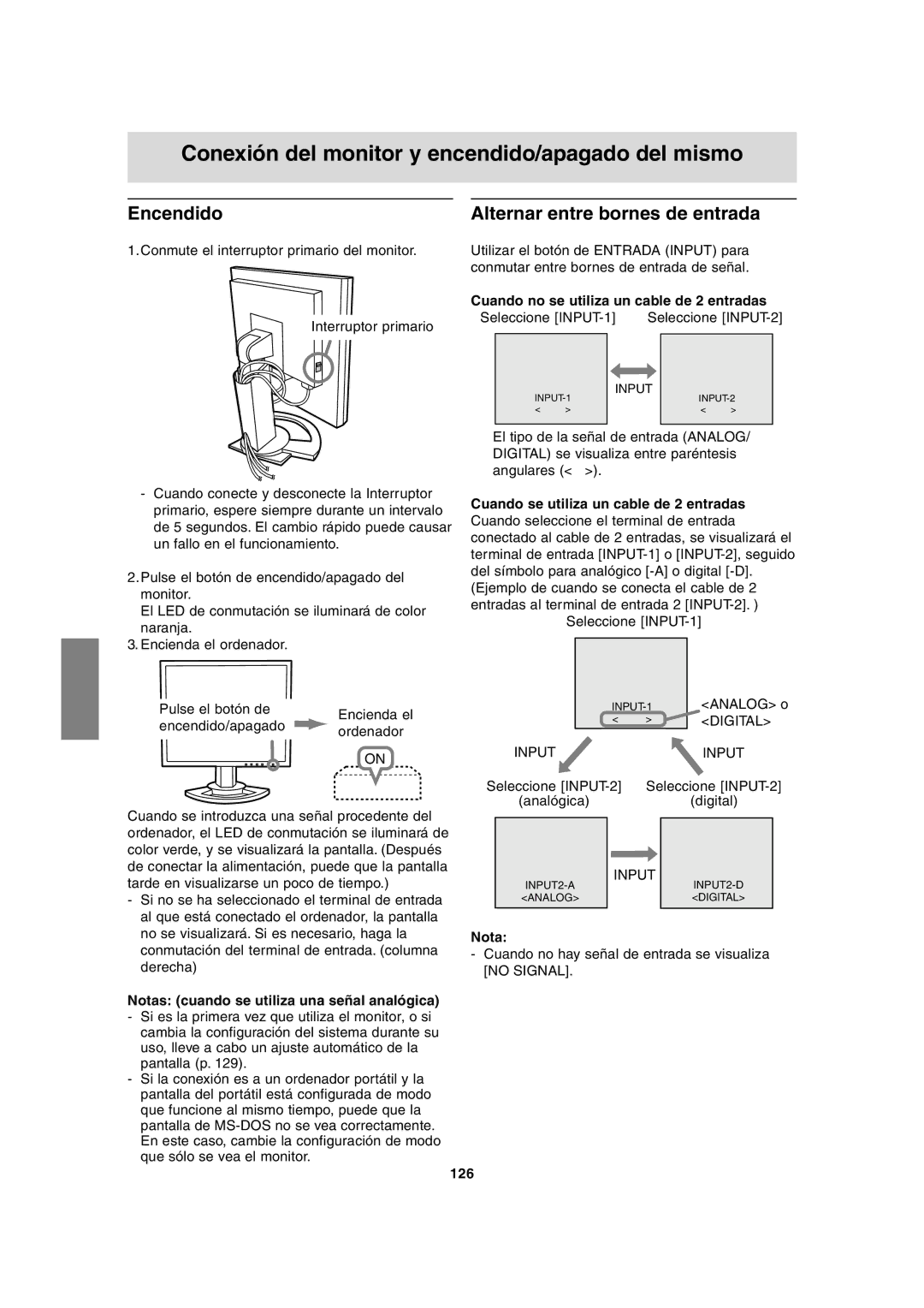 Sharp LL-T2020 Encendido, Alternar entre bornes de entrada, Cuando no se utiliza un cable de 2 entradas, 126 