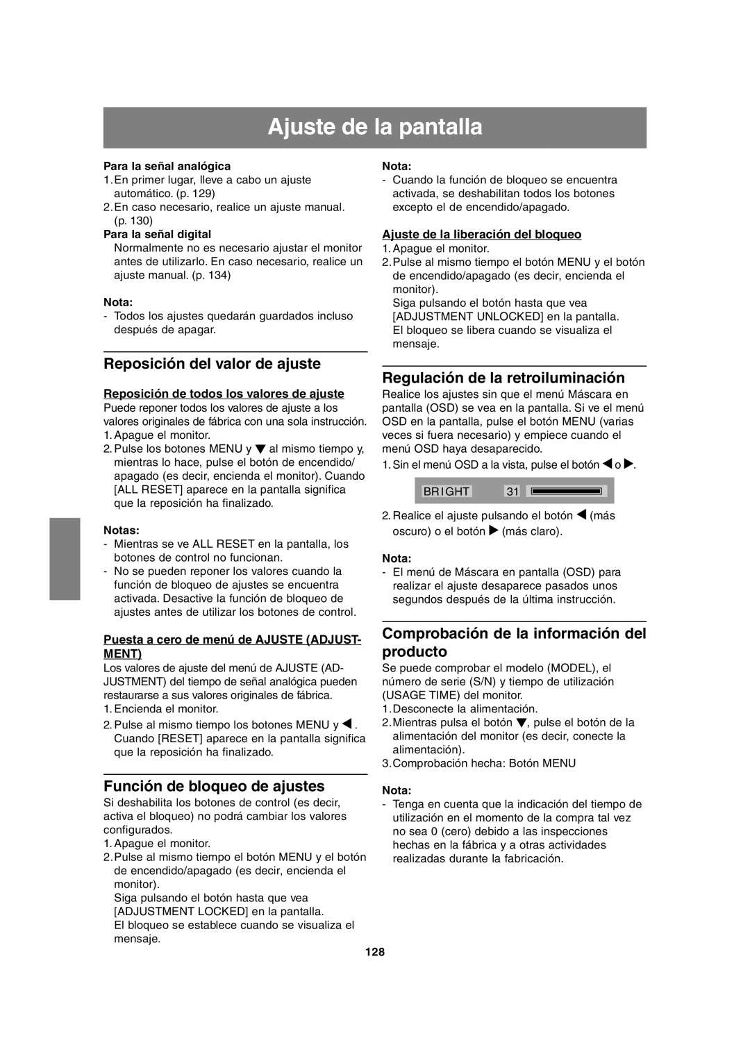 Sharp LL-T2020 operation manual Ajuste de la pantalla, Reposición del valor de ajuste, Regulación de la retroiluminación 