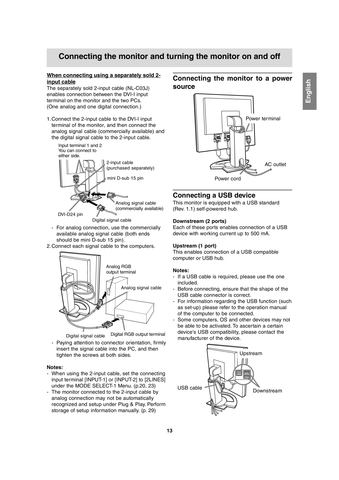 Sharp LL-T2020 Connecting the monitor to a power source, Connecting a USB device, Downstream 2 ports, Upstream 1 port 