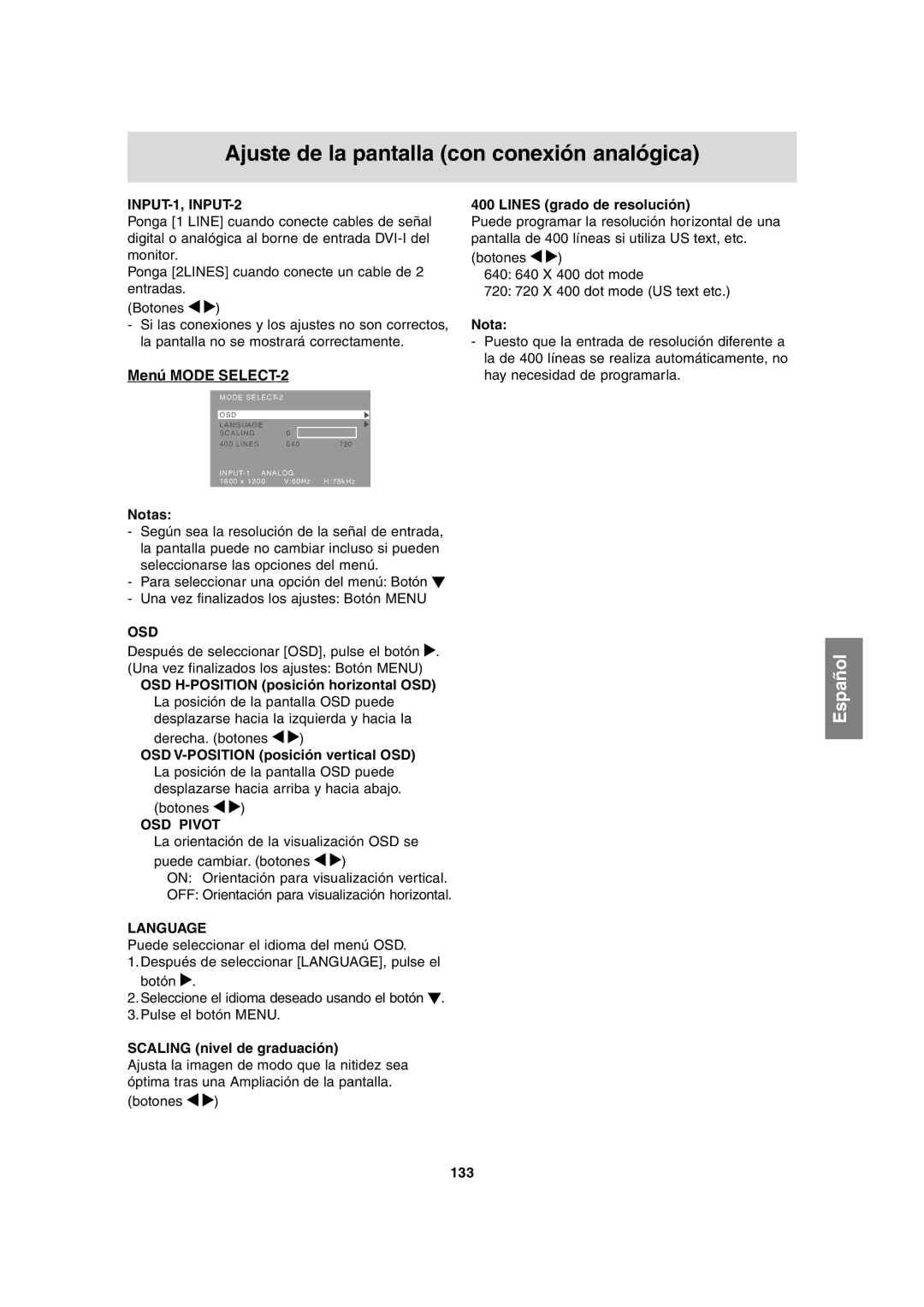 Sharp LL-T2020 operation manual Menú Mode SELECT-2, Scaling nivel de graduación, Lines grado de resolución, 133 