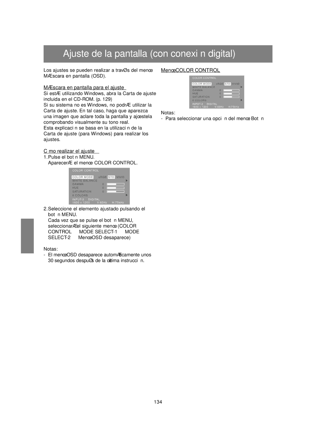 Sharp LL-T2020 operation manual Ajuste de la pantalla con conexión digital, Menú Color Control, 134 