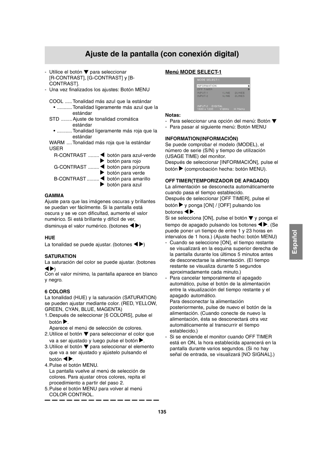 Sharp LL-T2020 operation manual Ajuste de la pantalla con conexión digital, 135 