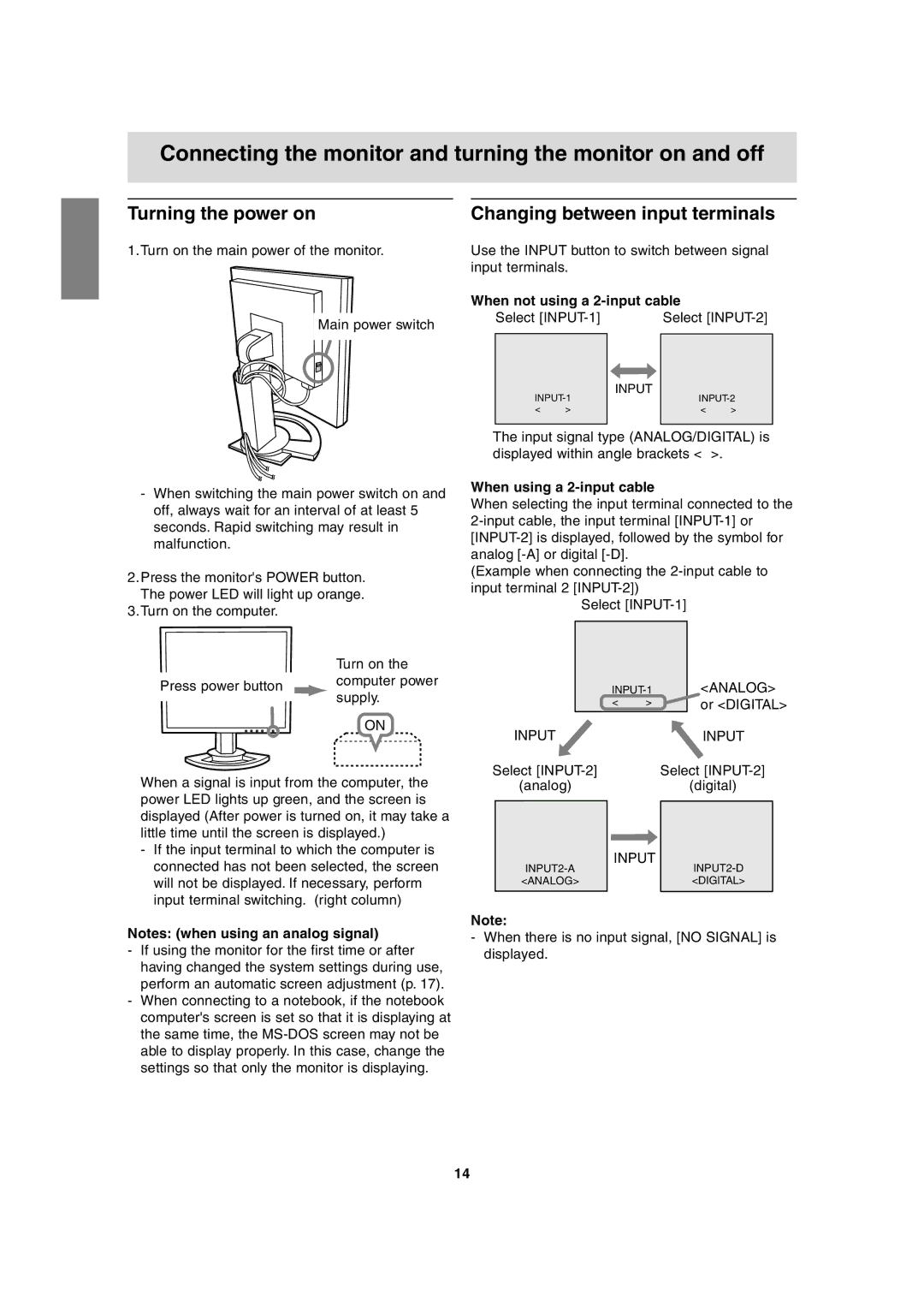 Sharp LL-T2020 operation manual Turning the power on, Changing between input terminals, When not using a 2-input cable 