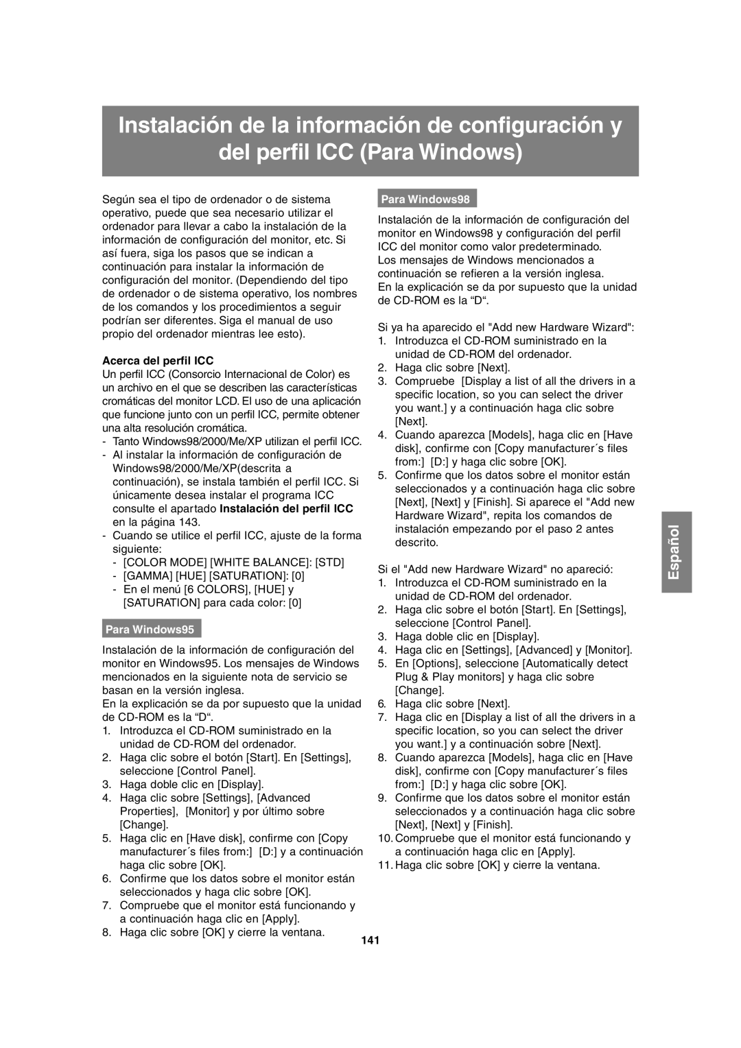 Sharp LL-T2020 operation manual Acerca del perfil ICC, Para Windows95, Para Windows98, 141 