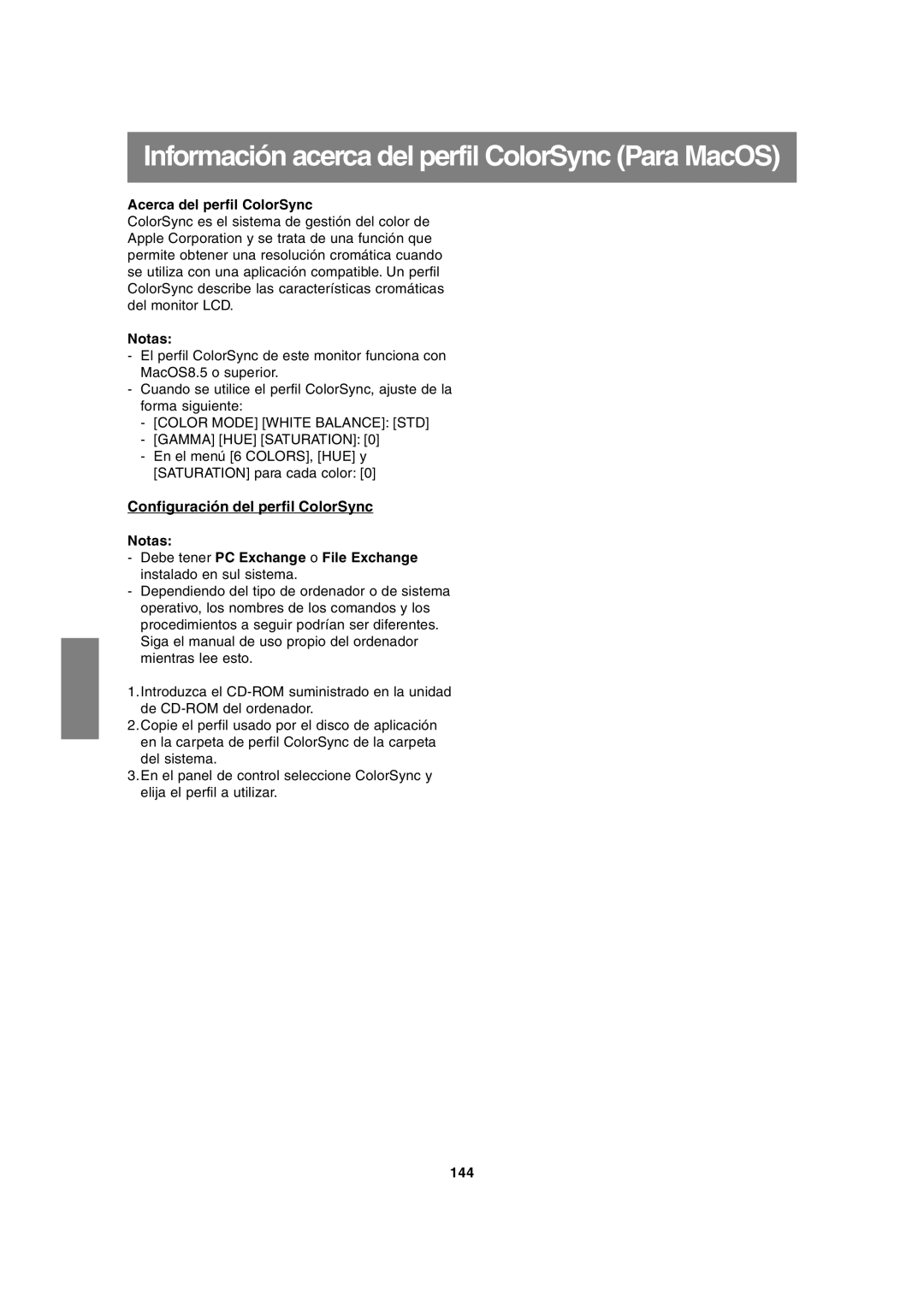 Sharp LL-T2020 operation manual Información acerca del perfil ColorSync Para MacOS, Configuración del perfil ColorSync, 144 