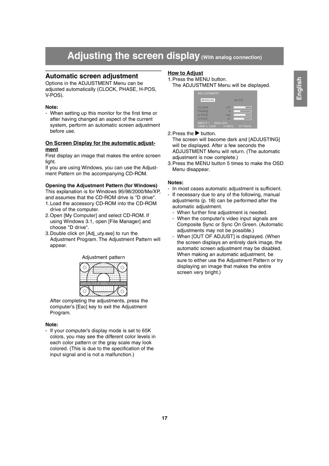 Sharp LL-T2020 Adjusting the screen display With analog connection, Automatic screen adjustment, How to Adjust 