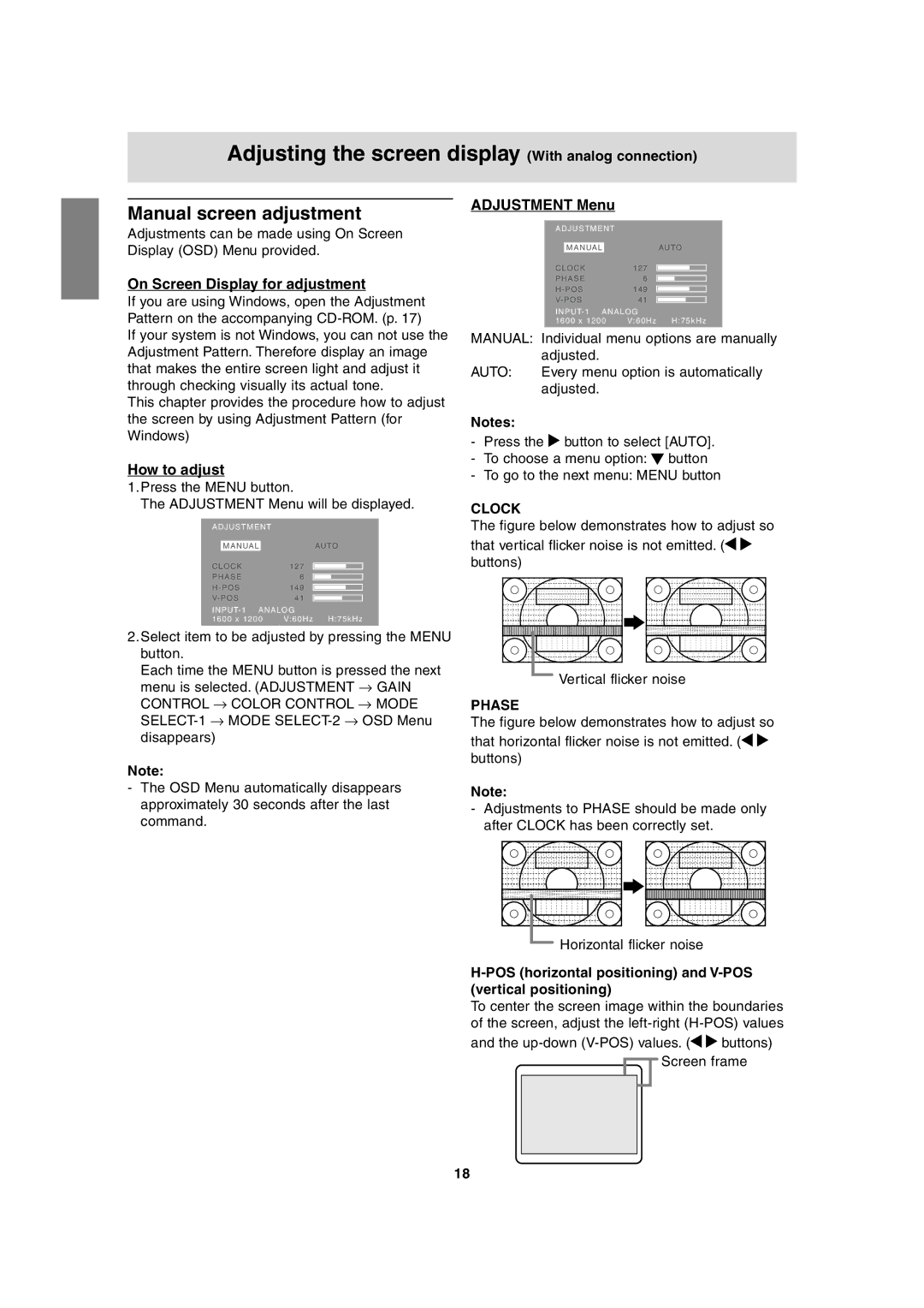 Sharp LL-T2020 Adjusting the screen display With analog connection, Manual screen adjustment, Adjustment Menu 