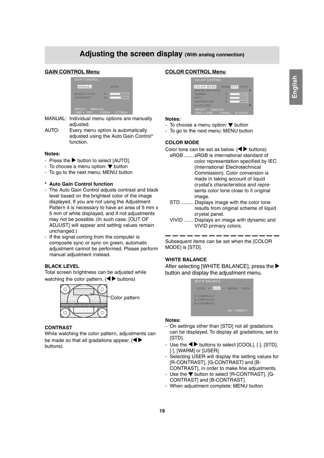 Sharp LL-T2020 operation manual Auto Gain Control function, Black Level, Color Mode, White Balance, Contrast 