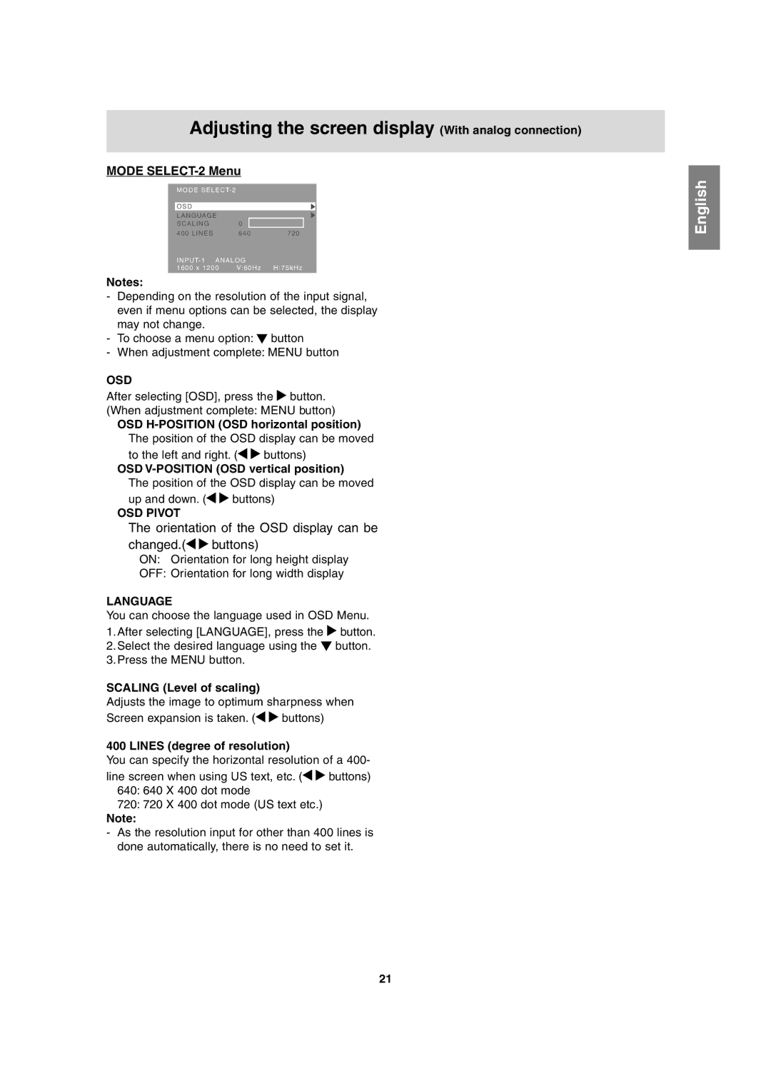 Sharp LL-T2020 operation manual Mode SELECT-2 Menu, Osd, OSD Pivot, Language 