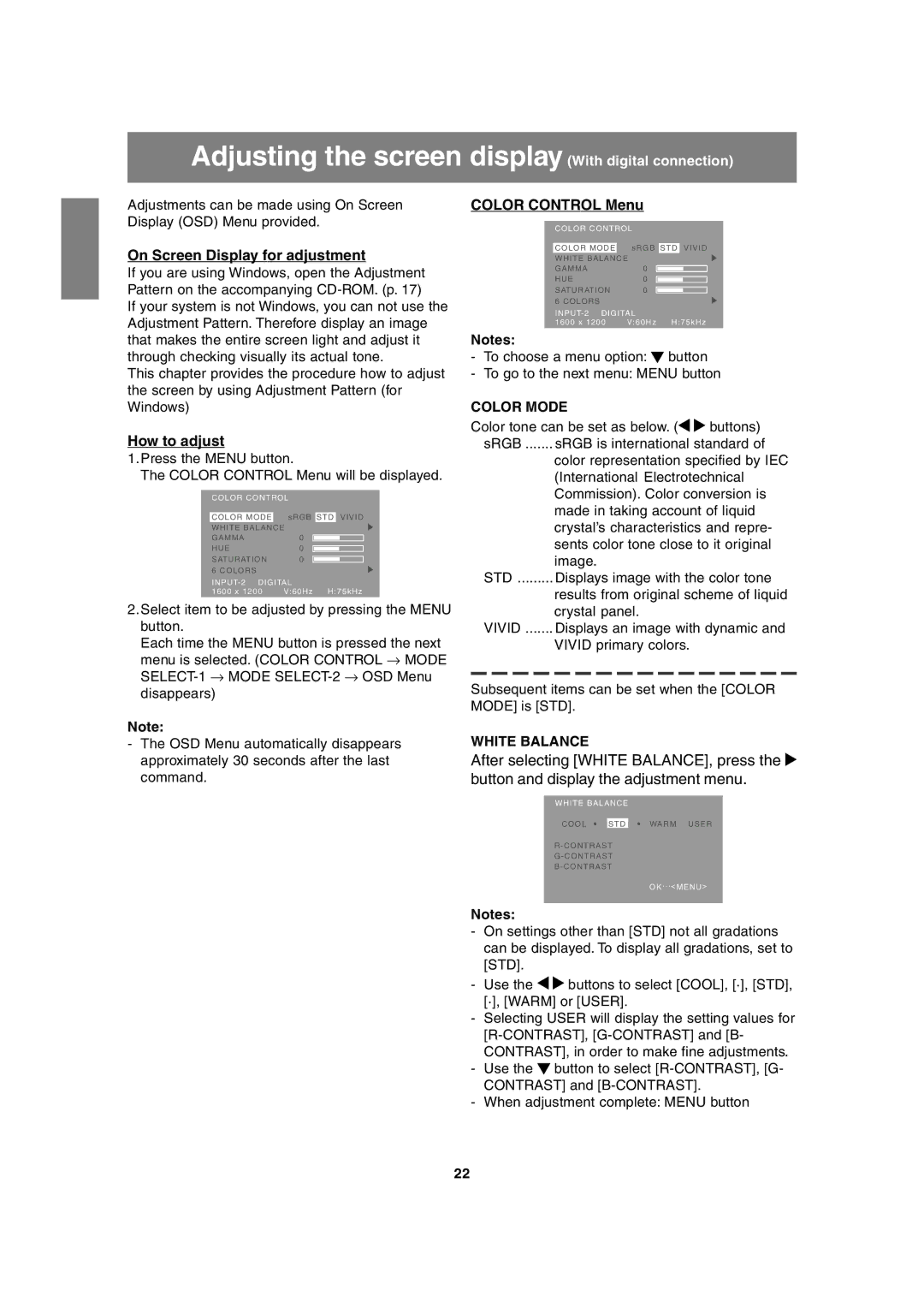 Sharp LL-T2020 operation manual Adjusting the screen display With digital connection, Color Control Menu 