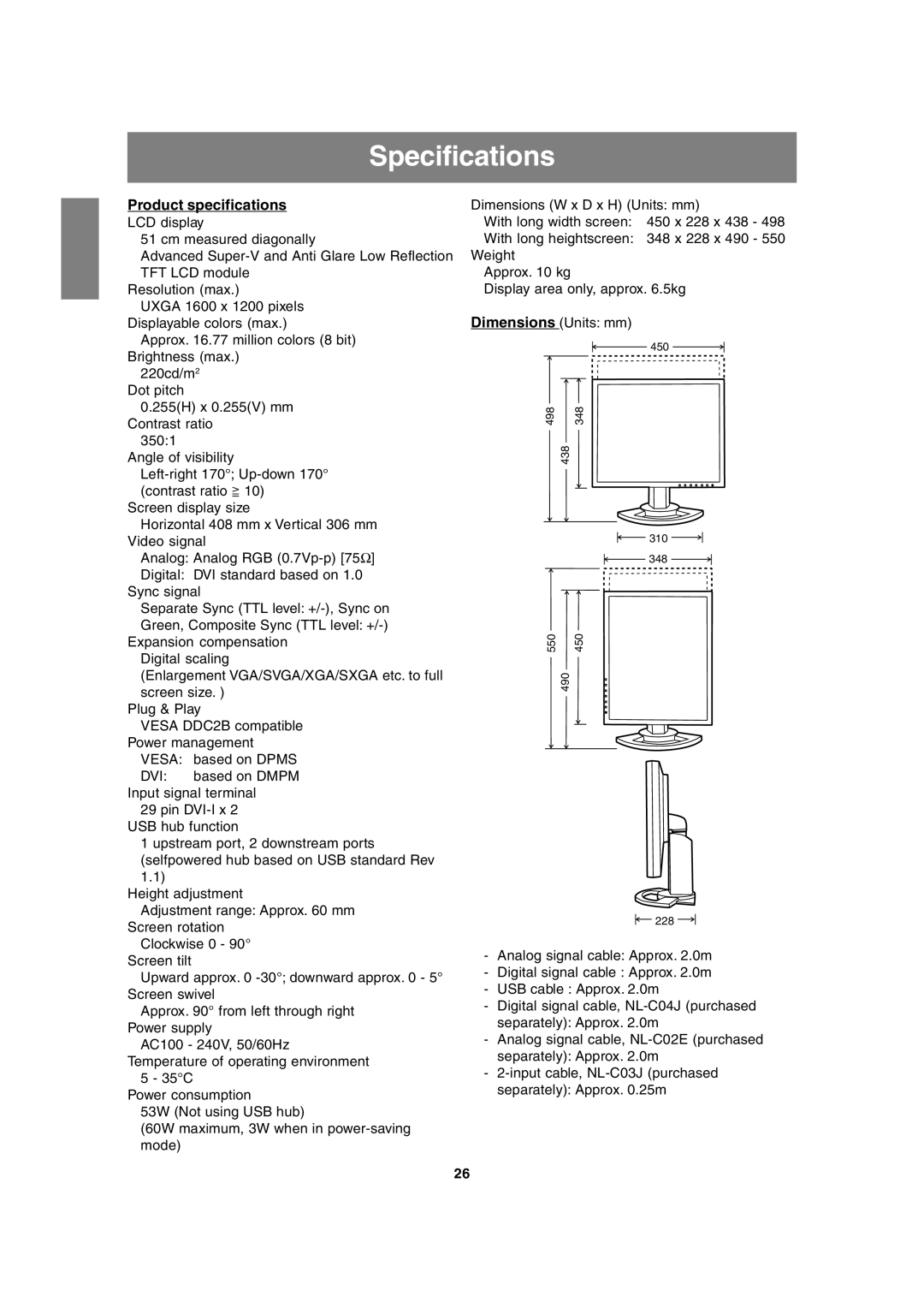 Sharp LL-T2020 operation manual Specifications, Product specifications 