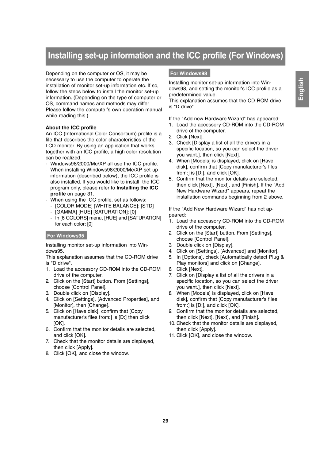 Sharp LL-T2020 operation manual About the ICC profile, For Windows95, For Windows98 