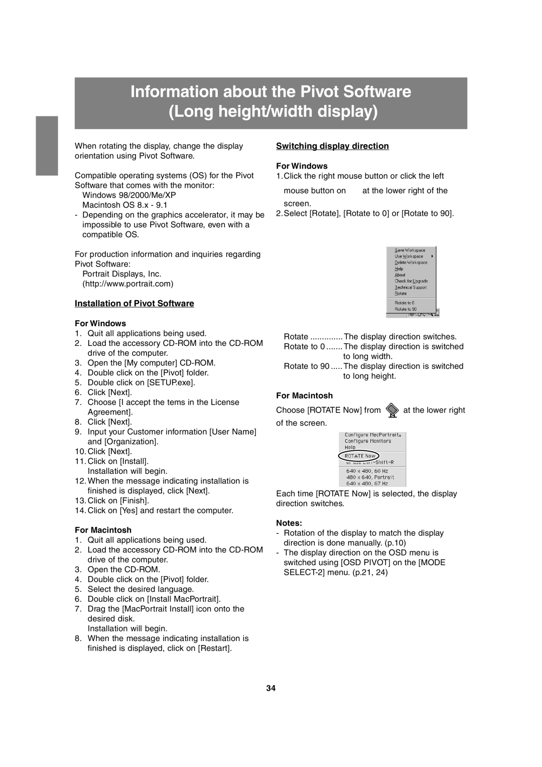 Sharp LL-T2020 operation manual Installation of Pivot Software, Switching display direction, For Windows, For Macintosh 