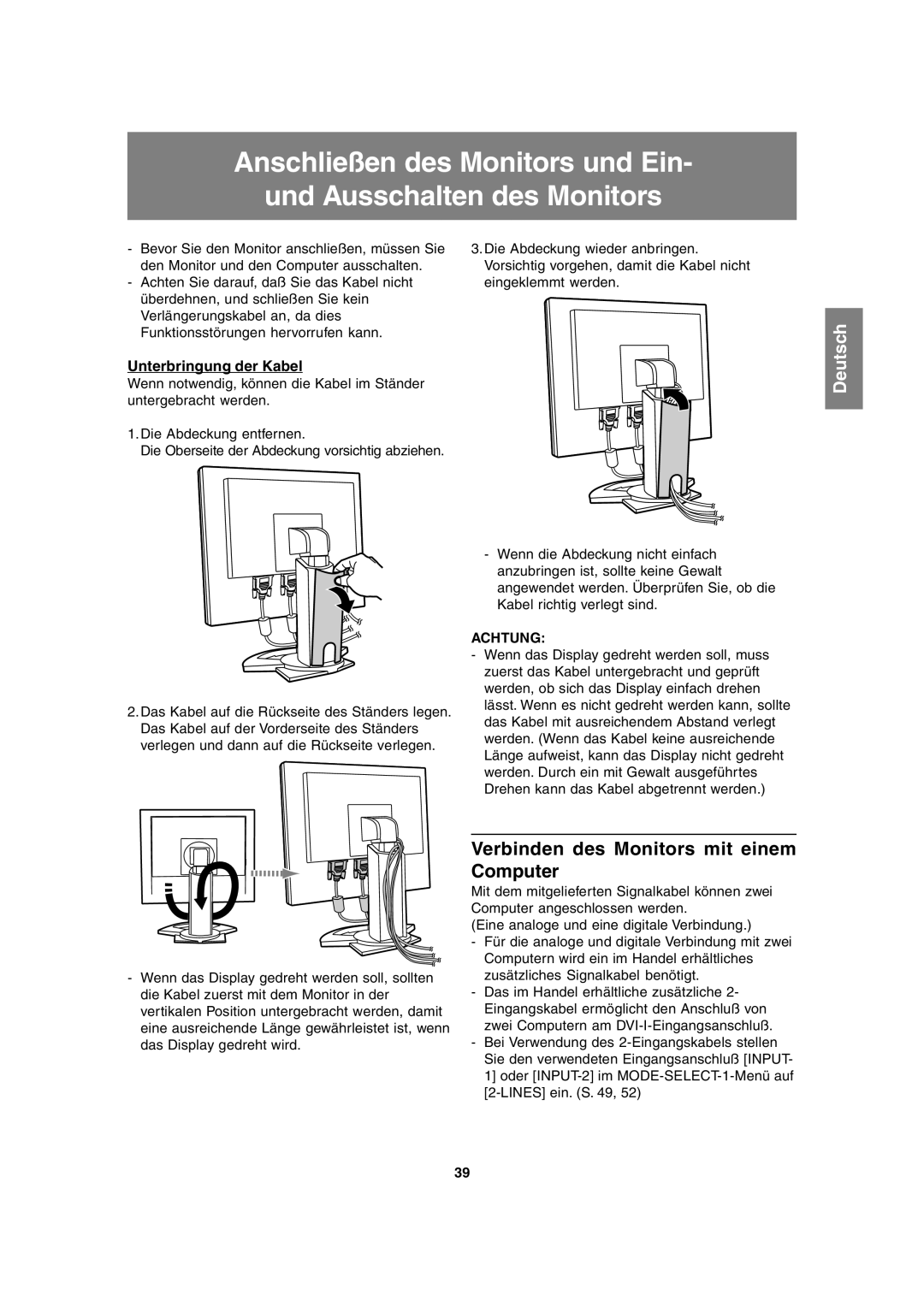 Sharp LL-T2020 operation manual Verbinden des Monitors mit einem Computer, Unterbringung der Kabel 