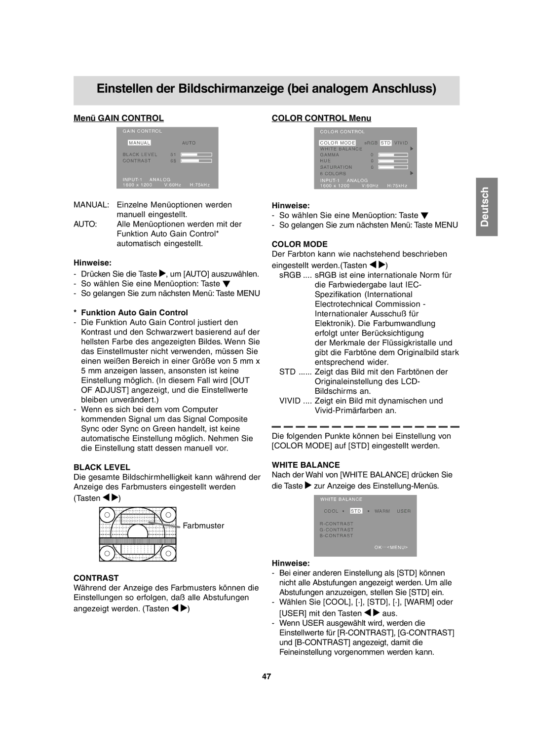 Sharp LL-T2020 operation manual Menü Gain Control Color Control Menu, Funktion Auto Gain Control 