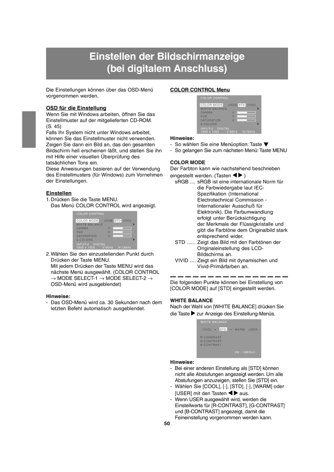 Sharp LL-T2020 operation manual Einstellen der Bildschirmanzeige Bei digitalem Anschluss, Color Control Menu 