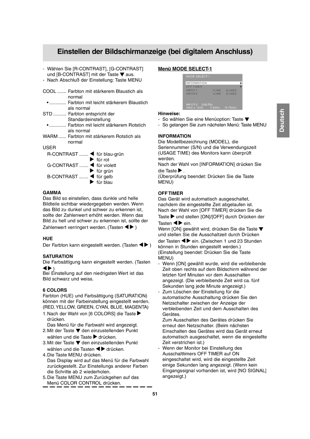 Sharp LL-T2020 operation manual Einstellen der Bildschirmanzeige bei digitalem Anschluss, Gamma 