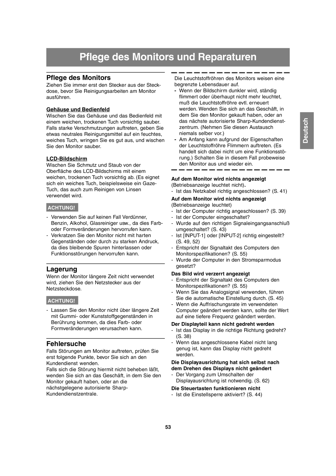 Sharp LL-T2020 operation manual Pflege des Monitors und Reparaturen, Lagerung, Fehlersuche 