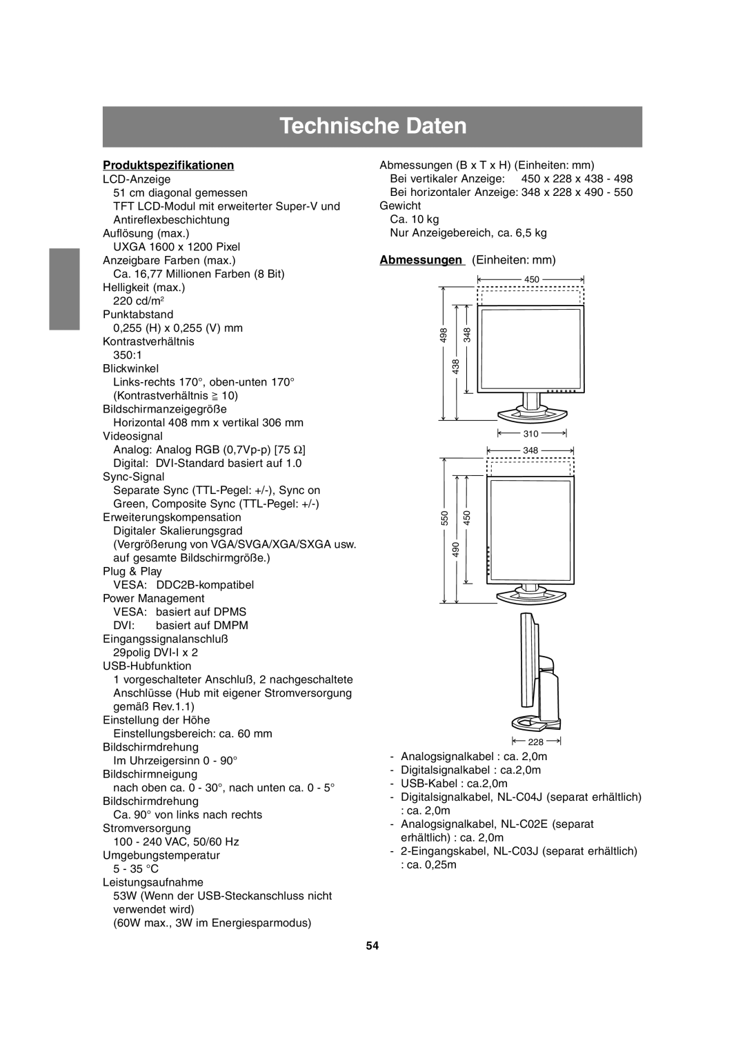 Sharp LL-T2020 operation manual Technische Daten, Produktspezifikationen 