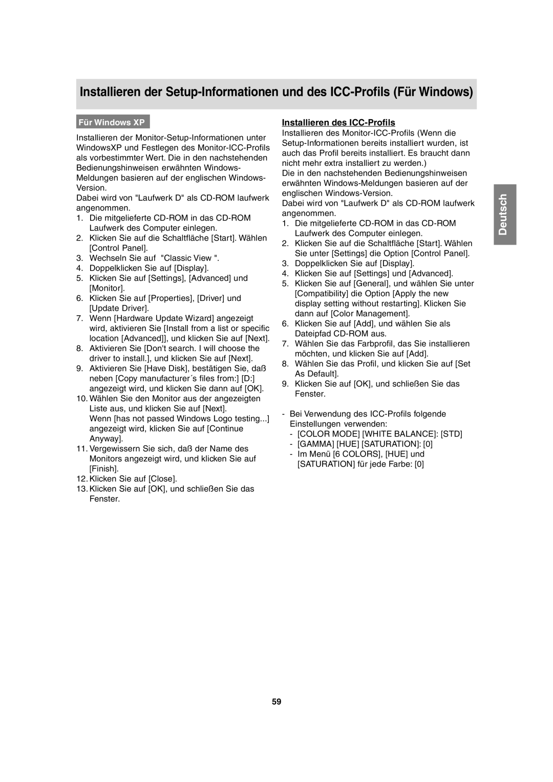 Sharp LL-T2020 operation manual Installieren des ICC-Profils, Für Windows XP 