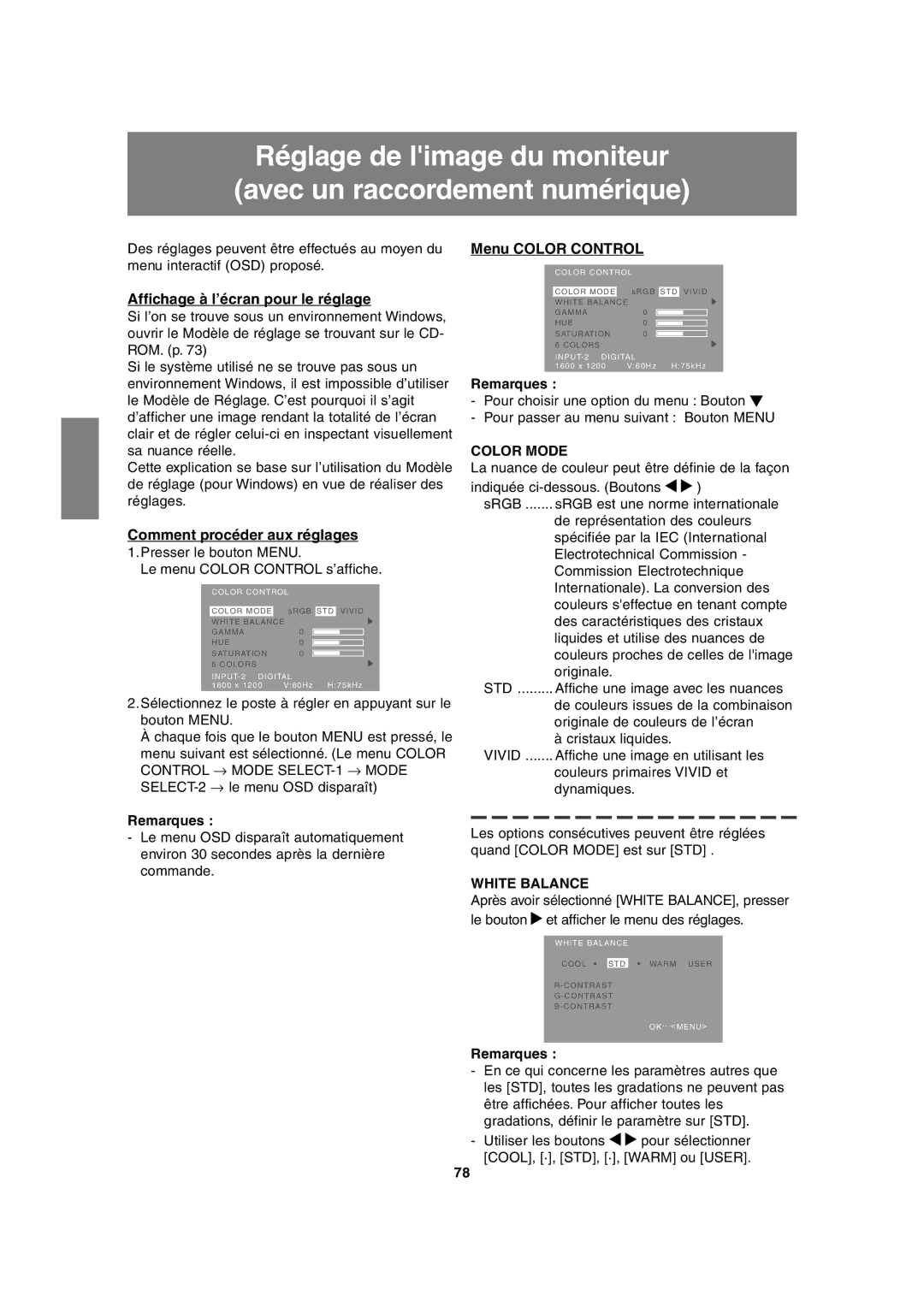 Sharp LL-T2020 operation manual Menu Color Control, Presser le bouton Menu Le menu Color Control s’affiche 