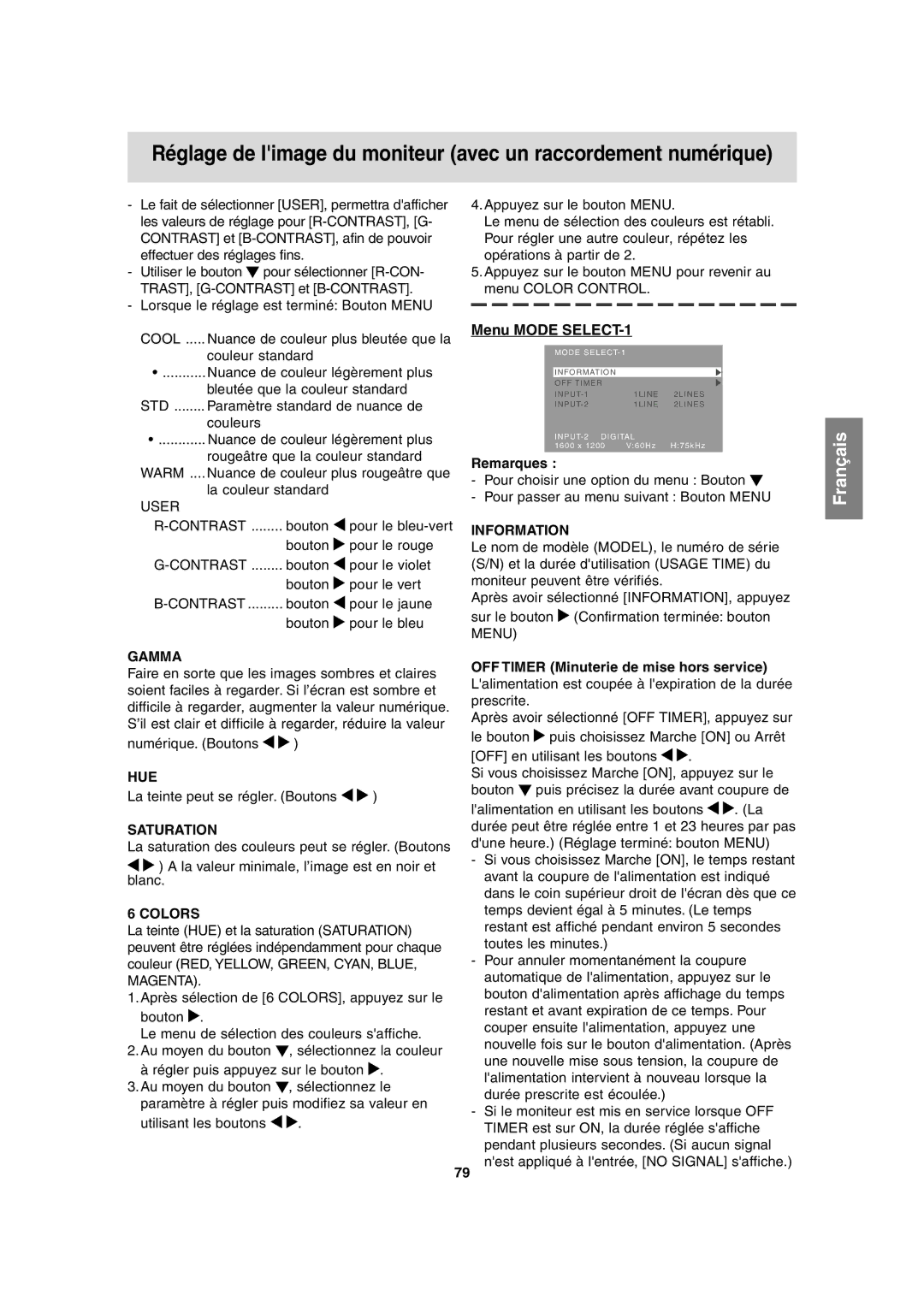 Sharp LL-T2020 operation manual Réglage de limage du moniteur avec un raccordement numérique 