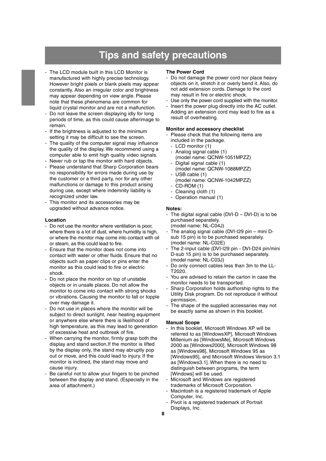 Sharp LL-T2020 Tips and safety precautions, Location, Power Cord, Monitor and accessory checklist, Manual Scope 