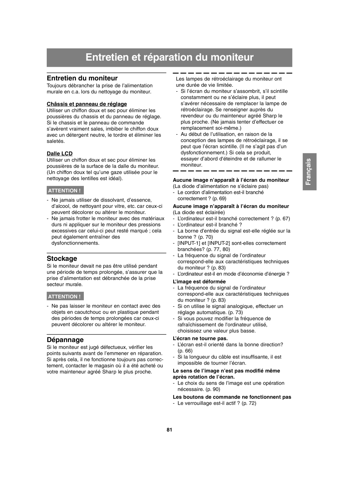 Sharp LL-T2020 operation manual Entretien et réparation du moniteur, Entretien du moniteur, Stockage, Dépannage 