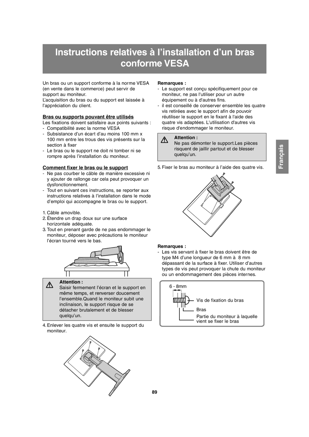 Sharp LL-T2020 operation manual Bras ou supports pouvant être utilisés, Comment fixer le bras ou le support 