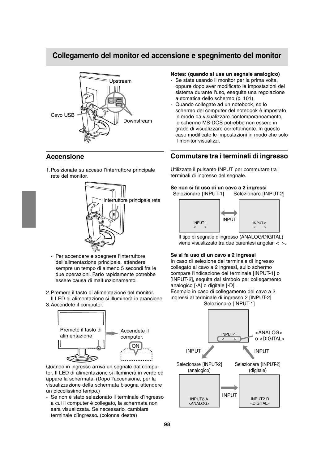 Sharp LL-T2020 operation manual Accensione, Commutare tra i terminali di ingresso, Se non si fa uso di un cavo a 2 ingressi 