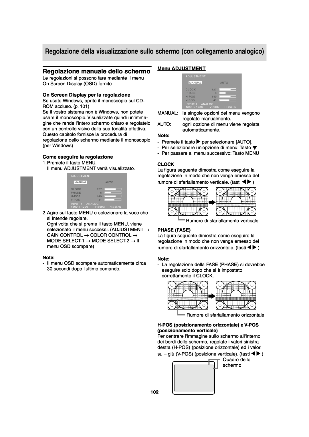 Sharp LL-T2020 Regolazione manuale dello schermo, On Screen Display per la regolazione, Phase Fase, Menu ADJUSTMENT, Clock 