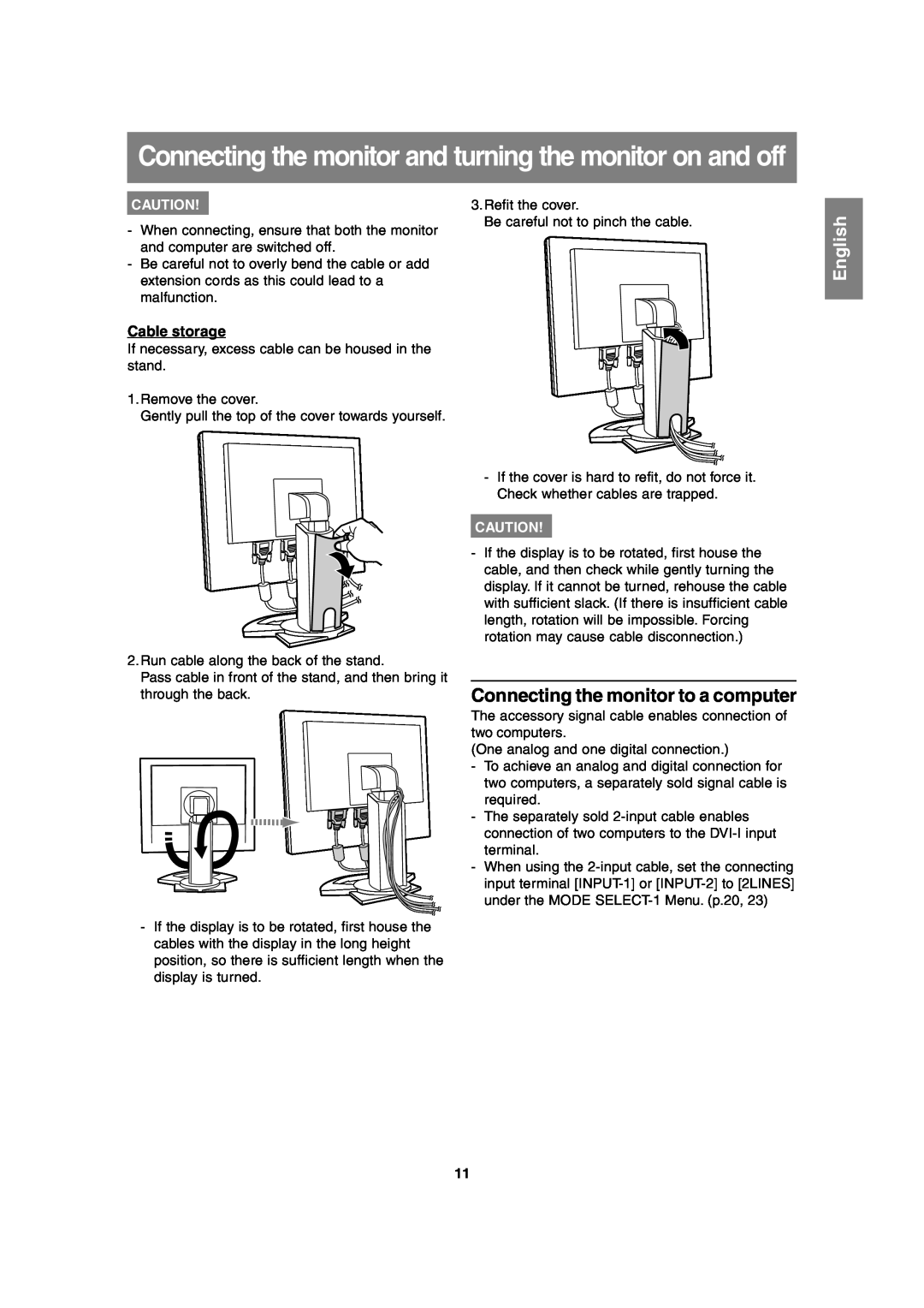Sharp LL-T2020 operation manual Connecting the monitor to a computer, Cable storage, English 